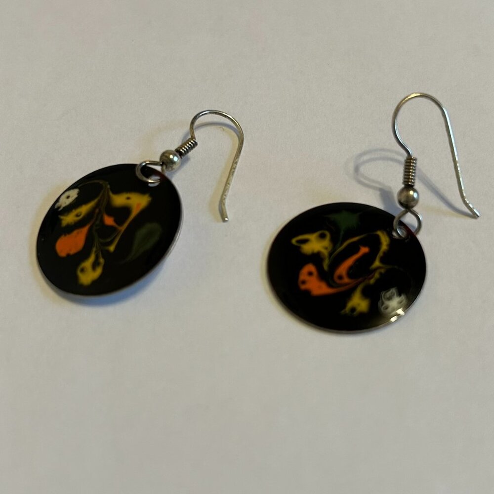 Vintage black round disc drop earrings with yellow, orange and green design